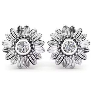 Crystal Sunflower Stud Earrings Stainless Steel Silver Floral Dainty Minimalist